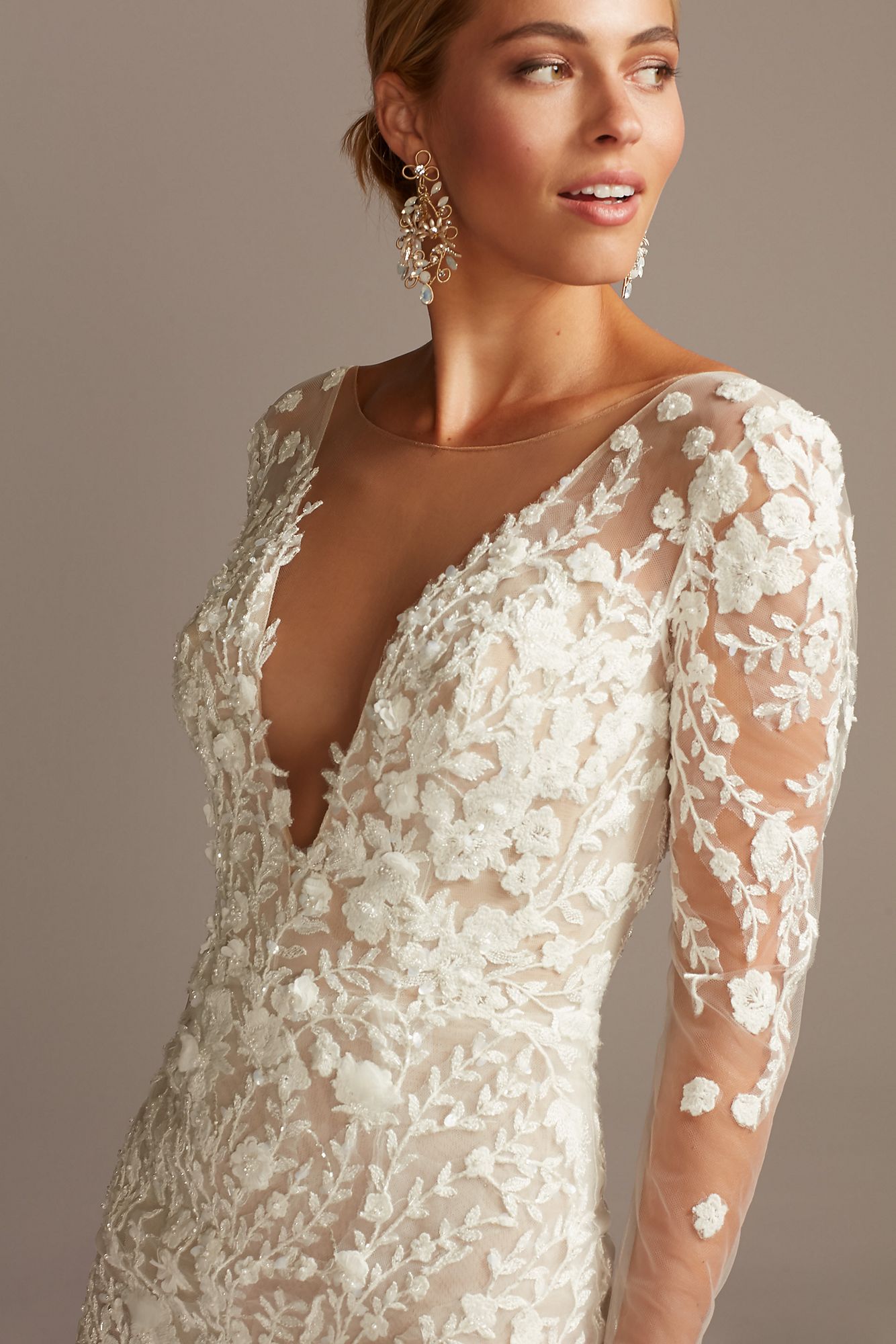Embroidered Floral Illusion Bodysuit Wedding Dress